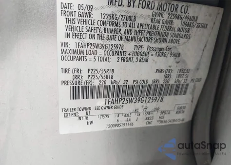 2009 Ford Taurus Limited из США, поврежденный, VIN 1FAHP25W39G125978